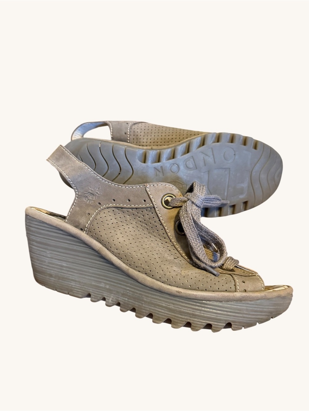 Fly London Gray Perforated Lace-Up Wedge Sandals